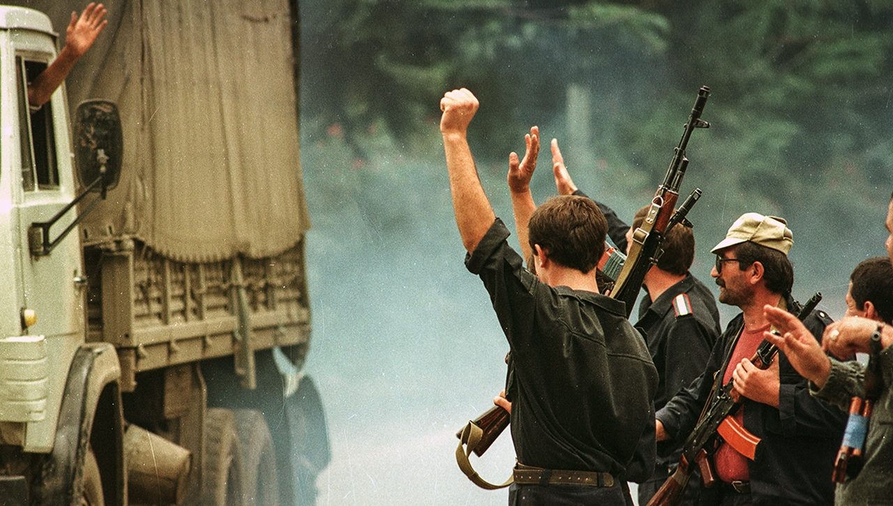 Georgian soldiers leaving Sukhum, September 1992.